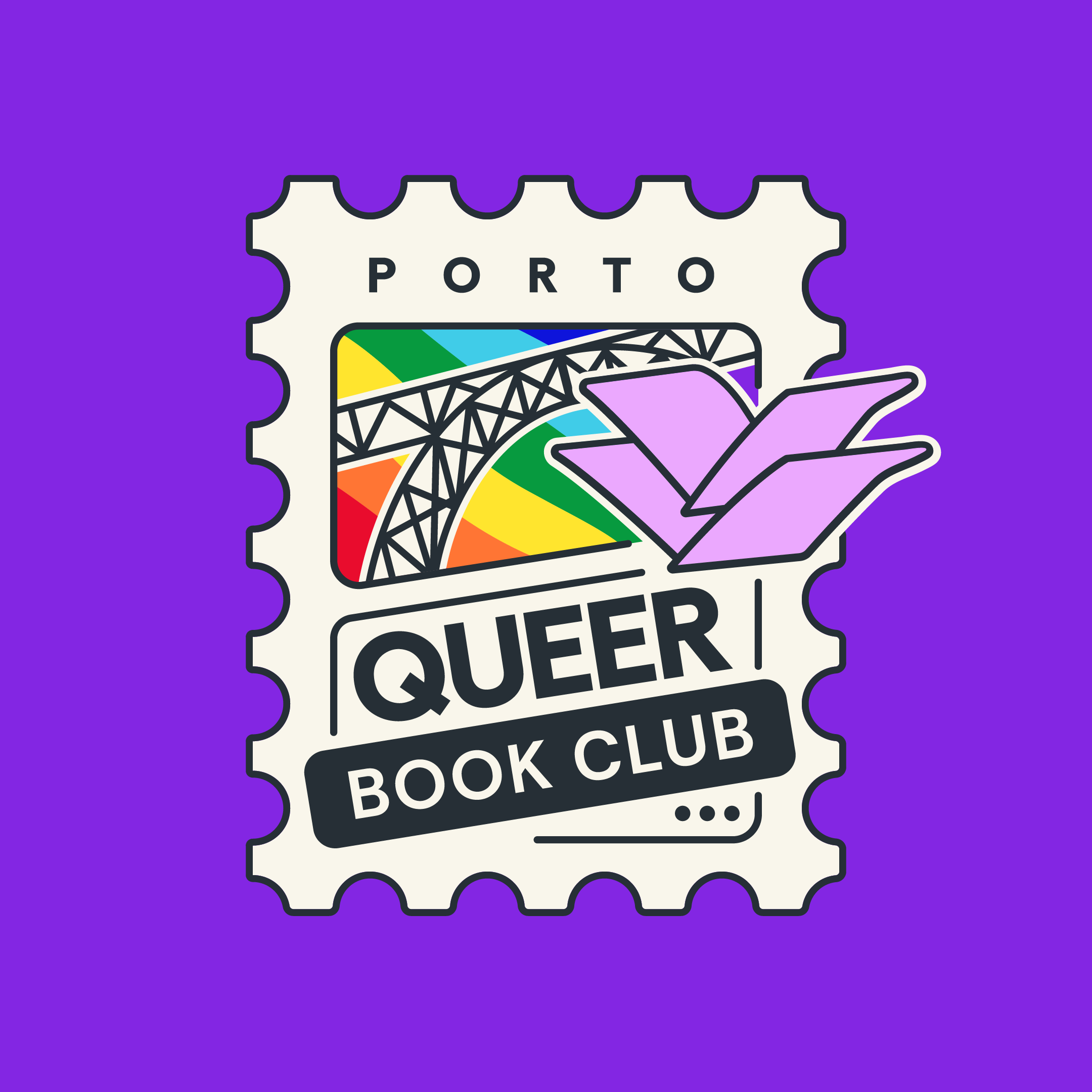 Logótipo do Porto Queer Book Club, um selo com a ponte do Porto em arco-íris