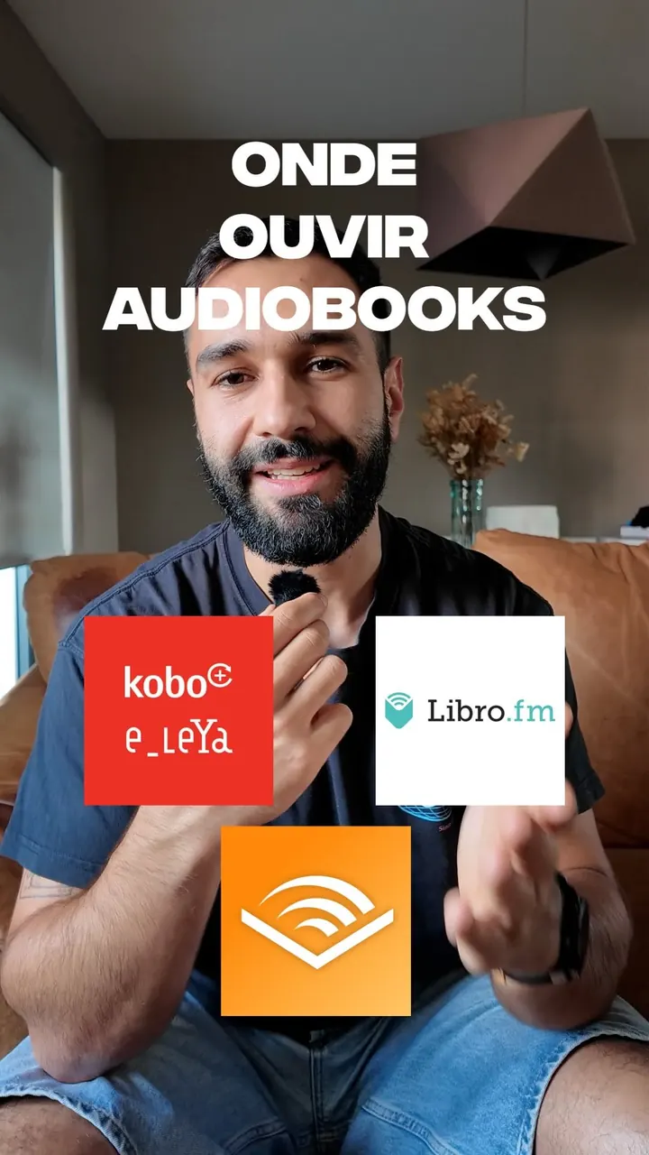 Daniel no vídeo Onde ouvir audiobooks, com referências à Kobo, Libro.fm e Audible.